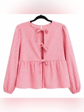 Pink Gingham Bow Tie Front Peplum Blouse – Women’s Long Sleeve Cottagecore large